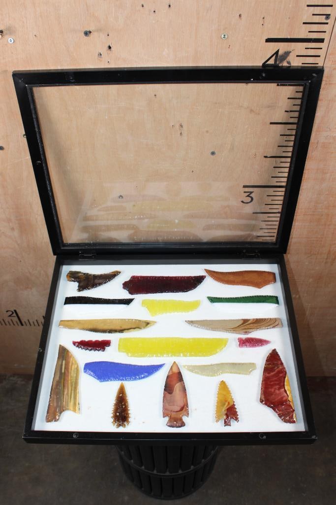 (18) Hand-knapped Colorful Glass and Mineral ARROWHEADS or Projectile Points in a Shadowbox Frame - 2
