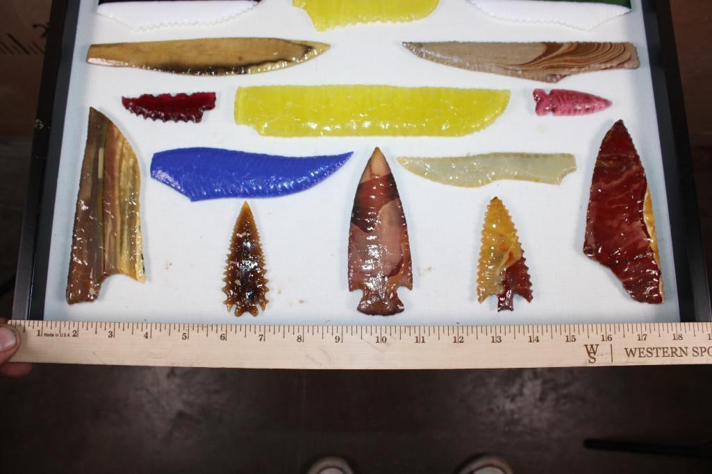 (18) Hand-knapped Colorful Glass and Mineral ARROWHEADS or Projectile Points in a Shadowbox Frame - 6