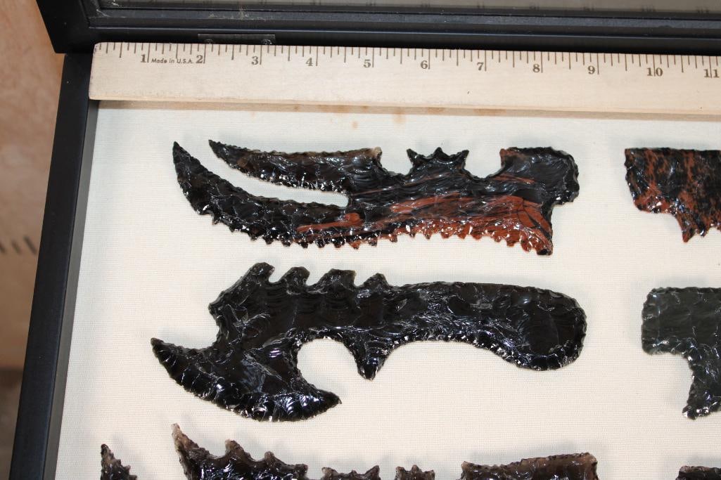 (11) Big Hand-knapped Native American Style ARROWHEADS made from Obsidian in a Shadowbox Frame - 4