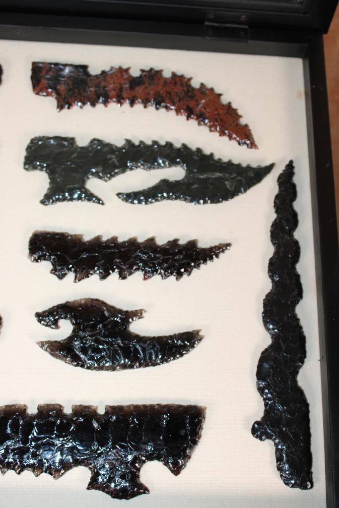 (11) Big Hand-knapped Native American Style ARROWHEADS made from Obsidian in a Shadowbox Frame - 7