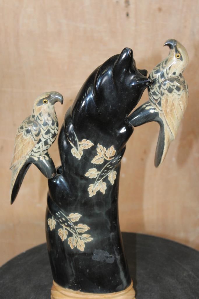 Hand-carved and Polished WATER BUFFALO Horn Sculpture on a Teak Wood Base - 2