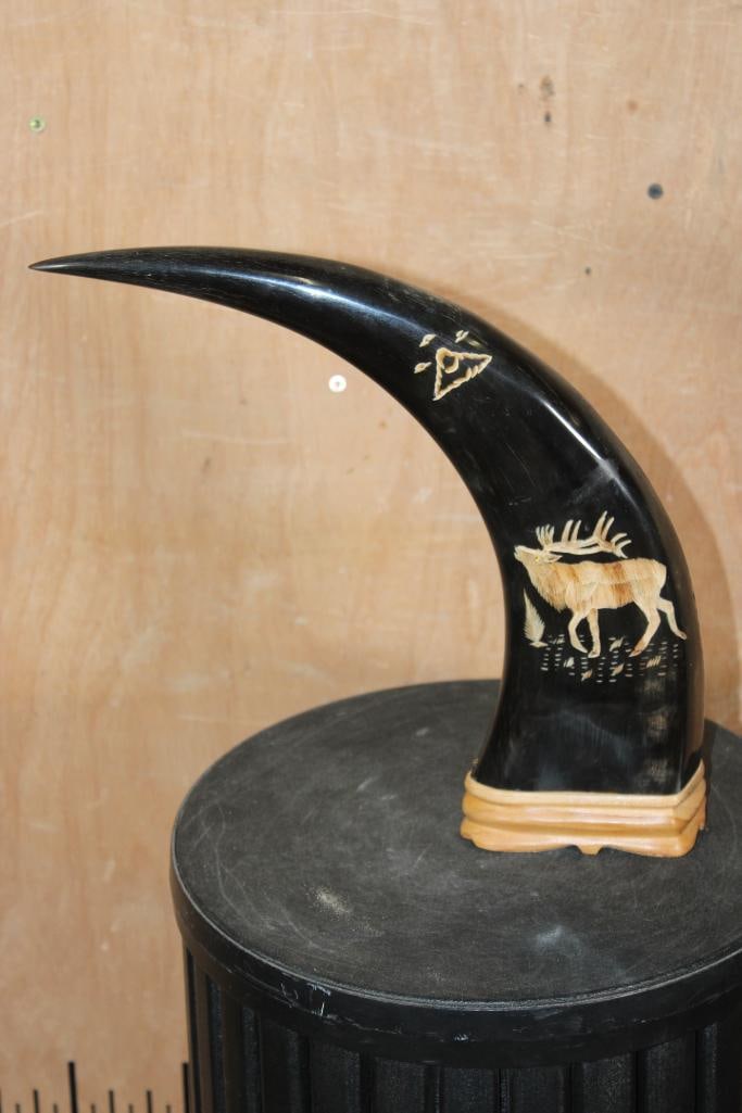 Hand-carved and Polished WATER BUFFALO Horn on a Teak Wood Base (1 of 6)