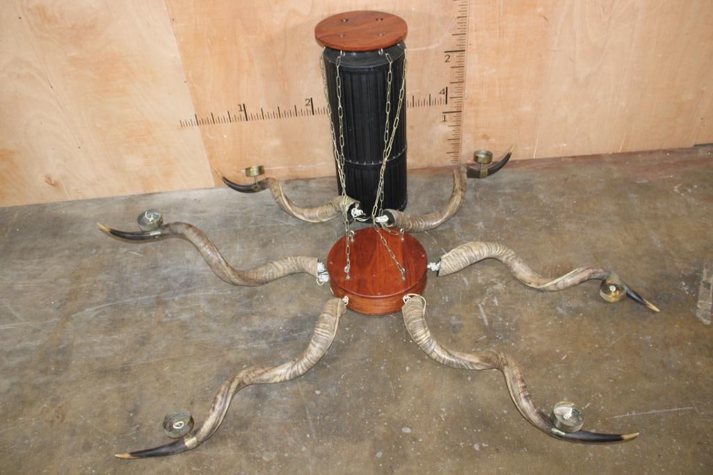 CHANDELIER with 6-Lights and 6 KUDU Horns with a Wood Junction Box: Awesome CHANDELIER with 6-Lights and 6 KUDU Horns with a Wood Junction Box. It will need some hardware and possible modifications but is pre-wired and currently dissasembled. TAXIDERMY LAMPS 