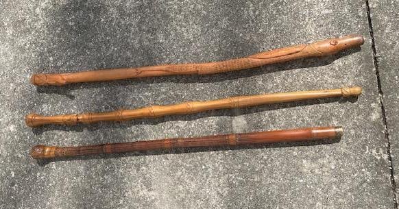 (3) Hand-carved and or Etched African WALKING CANES: 3 Very Nice Hand-carved and or Etched African WALKING CANES. They measure 35" to 36.5" Long. AFRICAN SAFARI TAXIDERMY DECOR 