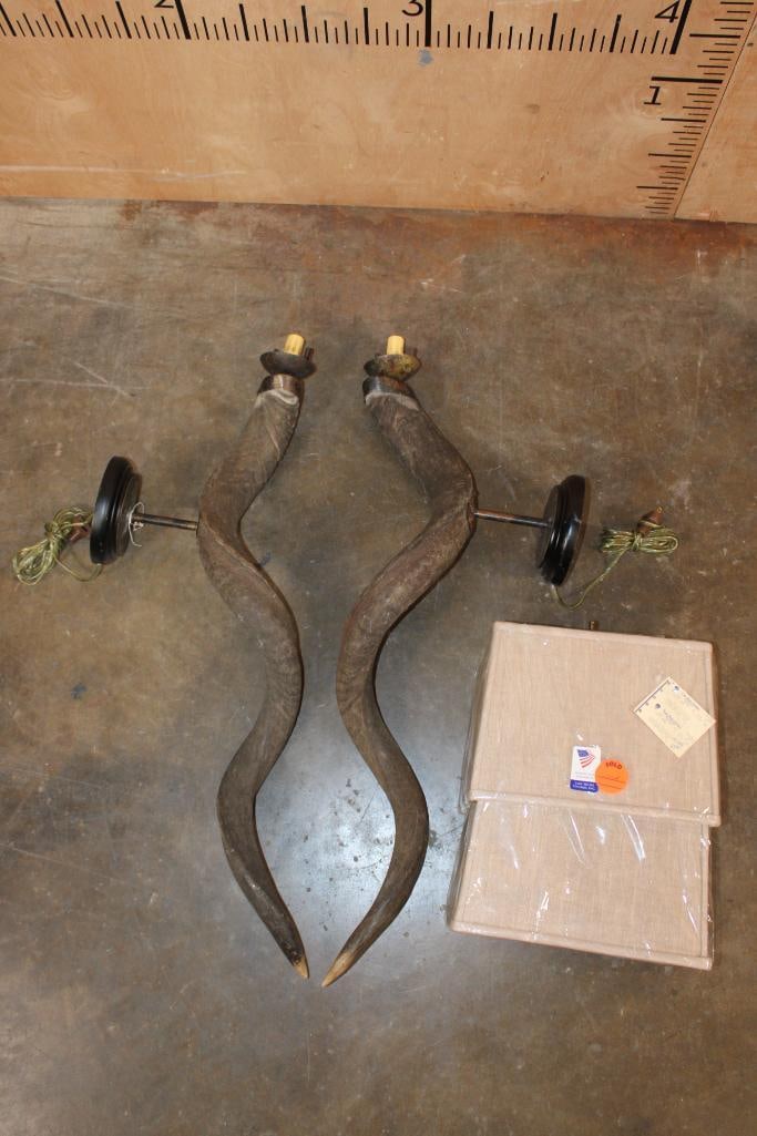 Set of (2) Kudu Horn LAMPS or SCONCES with (2) *New* Shades (1 of 7)