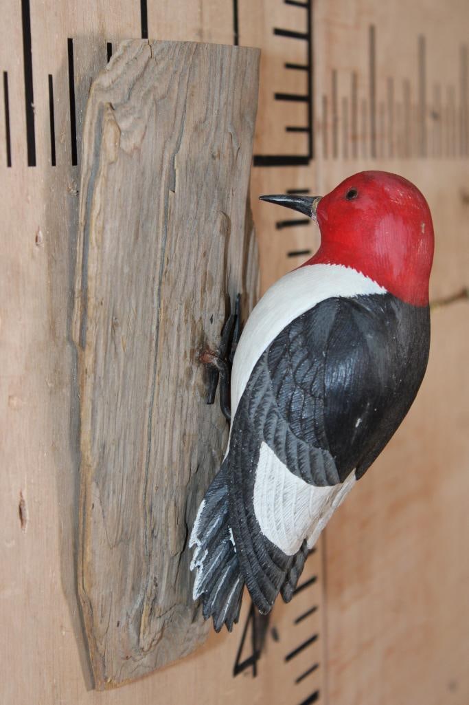 Hand-carved RED-HEADED WOODPECKER Sculpture Signed by Gail Jewett: Lovely RED-HEADED WOODPECKER Carving Signed by Gail Jewett. It is mounted on a Driftwood Wall Hanging Base and measures 8.5" Tall x 4" Wide x 4" Depth. TAXIDERMY ART CARVINGS 