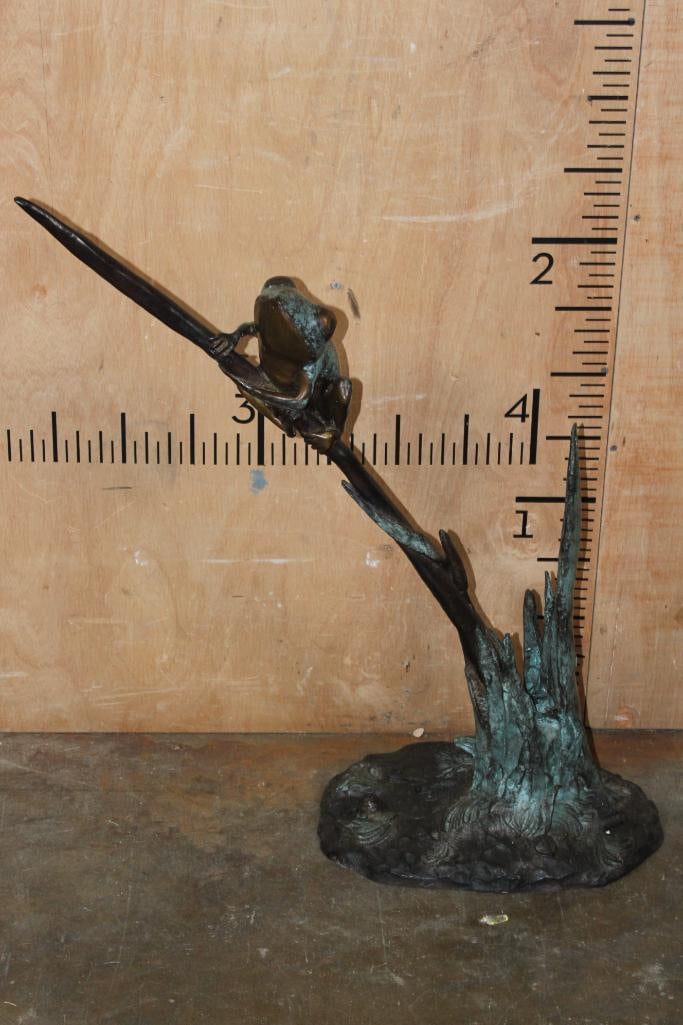 BRONZE Frog on a Tree Garden Fountain Sculpture: Large BRONZE "Frog on a Tree" Garden Fountain Sculpture. It measures 26" Long x 10" Wide x 29.5" Tall and Weighs 15 lbs 14 oz. The water connects to the Base and the water will flow from the frog's mo