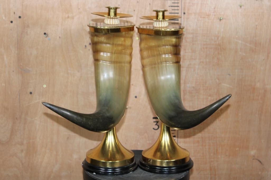 (2) Polished WATER BUFFALO HORN and BRASS Taper Candleholders: 2 Mid-Century or "Baroque" style Polished WATER BUFFALO HORN and BRASS Taper Candleholders. The Buffalo Horns measure approximately 24.25" Long around the curve each and 18" Tall. The Brass