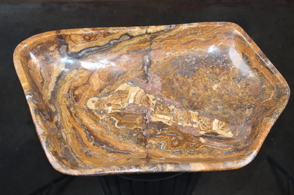 XXL Formed and Polished Moroccan AMBER ARAGONITE Bowl: XXL Formed and Polished Moroccan AMBER ARAGONITE Bowl. It measures 21.75" Long x 12.75" Wide x 3.75" Tall and the Total Weight: 10 lbs. This would look beautiful on display in any space. ROCKS