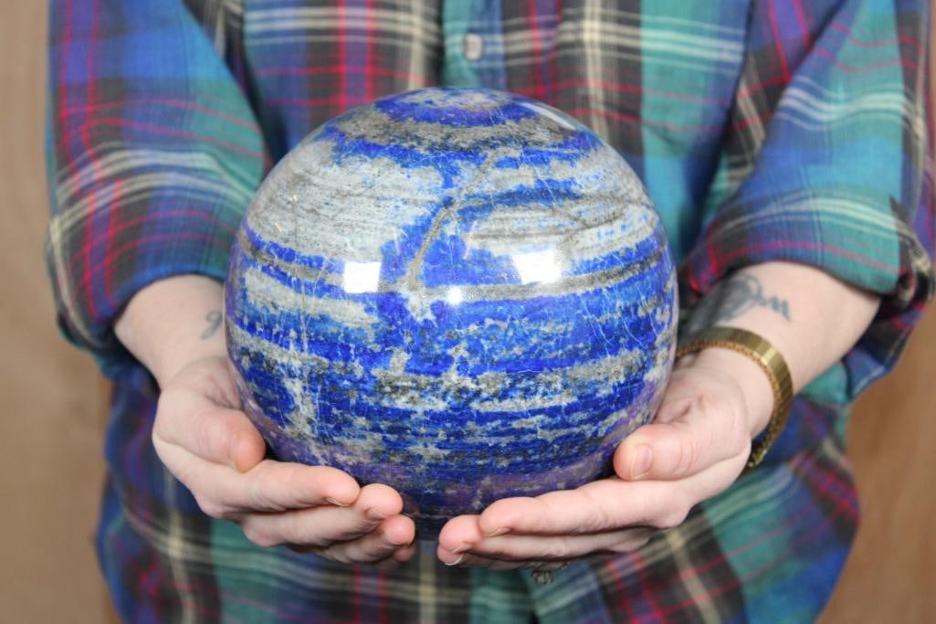 XXL Polished BLUE LAPIS LAZULI Mineral Sphere, Weight: 18 lbs: XXL Formed and Polished BLUE LAPIS LAZULI Mineral Sphere. It measures 6 7/8" in Diameter and the Total Weight is 18 lbs 10 oz. Lapis Lazuli is a deep blue metamorphic rock used as a