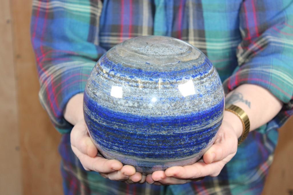 XL Polished BLUE LAPIS LAZULI Mineral Sphere, Weight: 16 lbs: XL Formed and Polished BLUE LAPIS LAZULI Mineral Sphere. It measures 6.5" in Diameter and the Total Weight is 16 lbs 5 oz. Lapis Lazuli is a deep blue metamorphic rock used as a semi-precious
