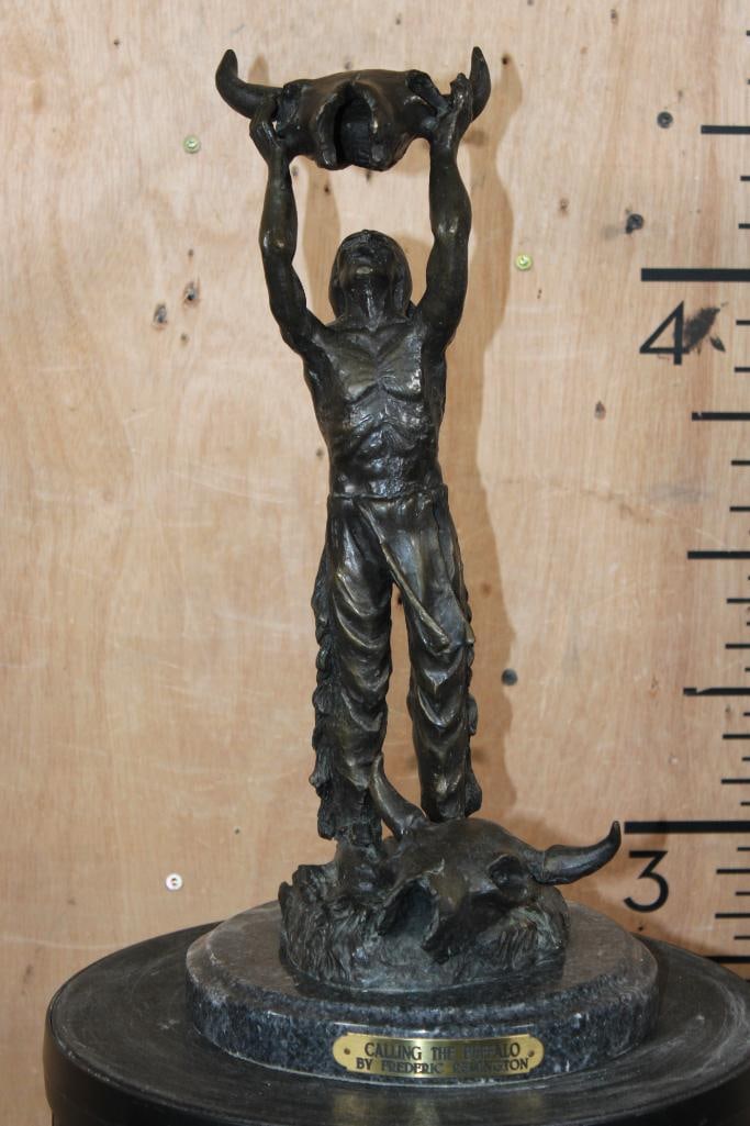 "Calling The Buffalo" BRONZE Sculpture after Frederic Remington on a Marble Base: "Calling The Buffalo" BRONZE Sculpture after Frederic Remington on a Marble Base. It measures 16.75" Tall x 8.25" Wide and Weighs 15 lbs 12 oz. COLLECTIBLE BRONZE SCULPTURES 