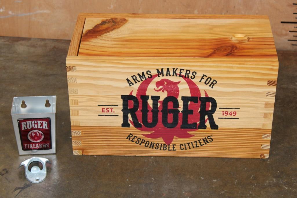 Ruger Vintage Wooden Storage Box with Ruger Wall-mounted Bottle Opener: Ruger Vintage Wooden Storage Box. It is crafted from Pine and is stained a rich walnut color for an authentic rustic look. It measures 16" Long x 8" Wide x 9" Tall and has a sliding panel to open. It