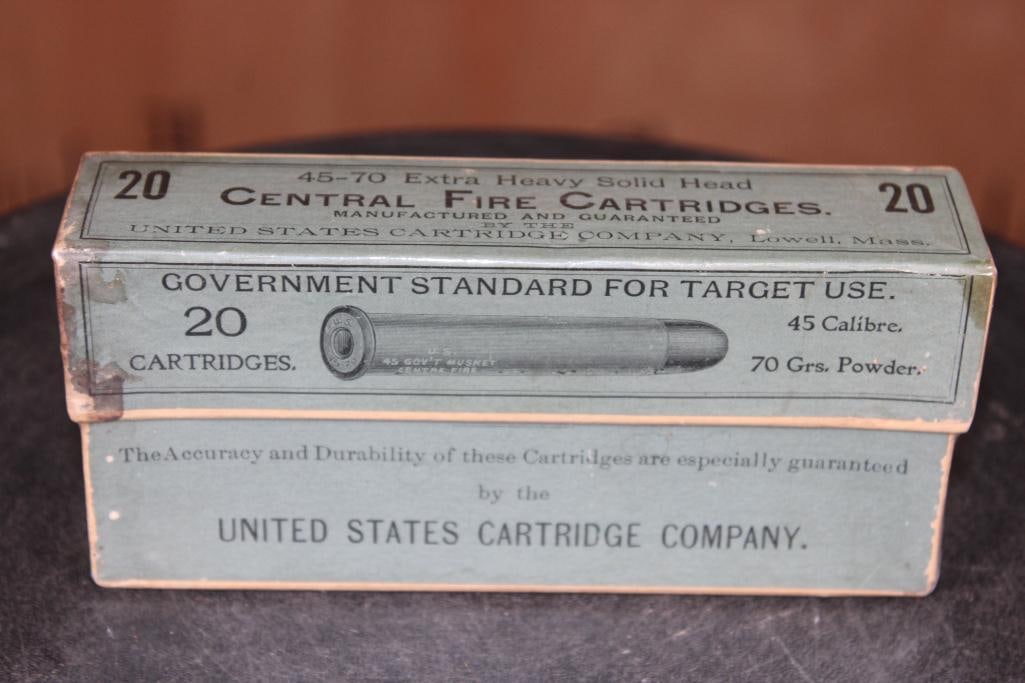 *Antique* Full Box of 20 United States Cartridge Company 45-70 CENTRAL FIRE CARTRIDGES: Antique (late 19th-early 20th Century) Full Box of 20 United States Cartridge Company 45-70 Extra Heavy Solid Head Center Fire Cartridges. The Box measures 6 1/8" Long x 3" Tall x 1 3/8" Wide and Weig