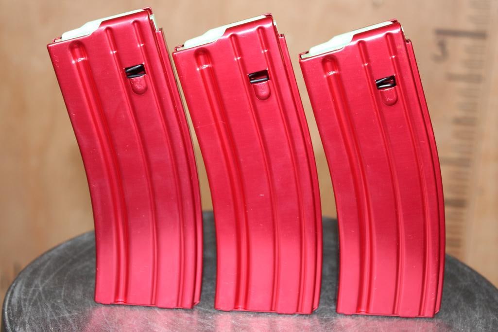 (3) Unbranded Red Aluminum 30 Round AR MAGAZINES for .223 or 5.56 - 2