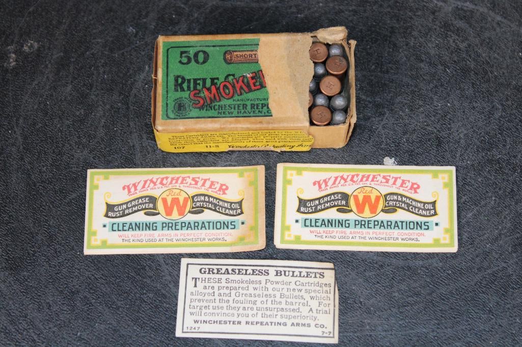 50 Original *Antique-1908* Winchester Repeating Arms Co .22 Short "Rifle Smoke" Target CARTRIDGES: Full Box of 50 Original *Antique-1908* Winchester Repeating Arms Co .22 Short "Rifle Smoke" Smokeless Target CARTRIDGES. Greaseless Bullet Box with an 11-8 Box Code. They have a partial factory seal