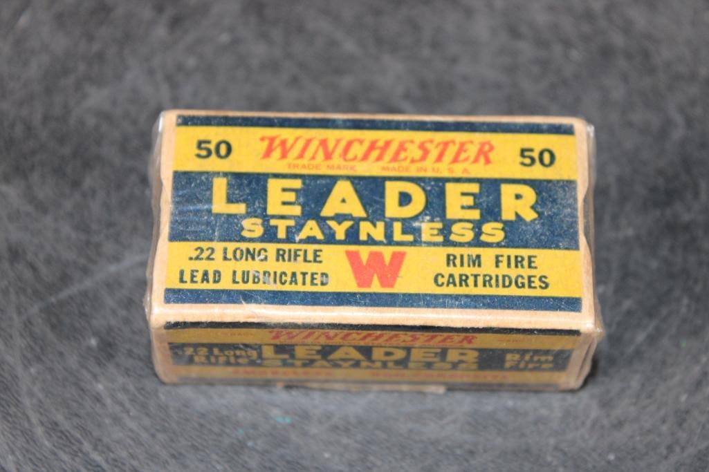 Original (late 1930's) Full Box of Winchester Repeating Arms Co .22 Rifle RIMFIRE CARTRIDGES: Original (late 1930's) Full Box of 50 Winchester Repeating Arms Co .22 Long Rifle Lead Lubricated RIMFIRE CARTRIDGES. They are in Mint Condition. COLLECTIBLE AMMUNITION 