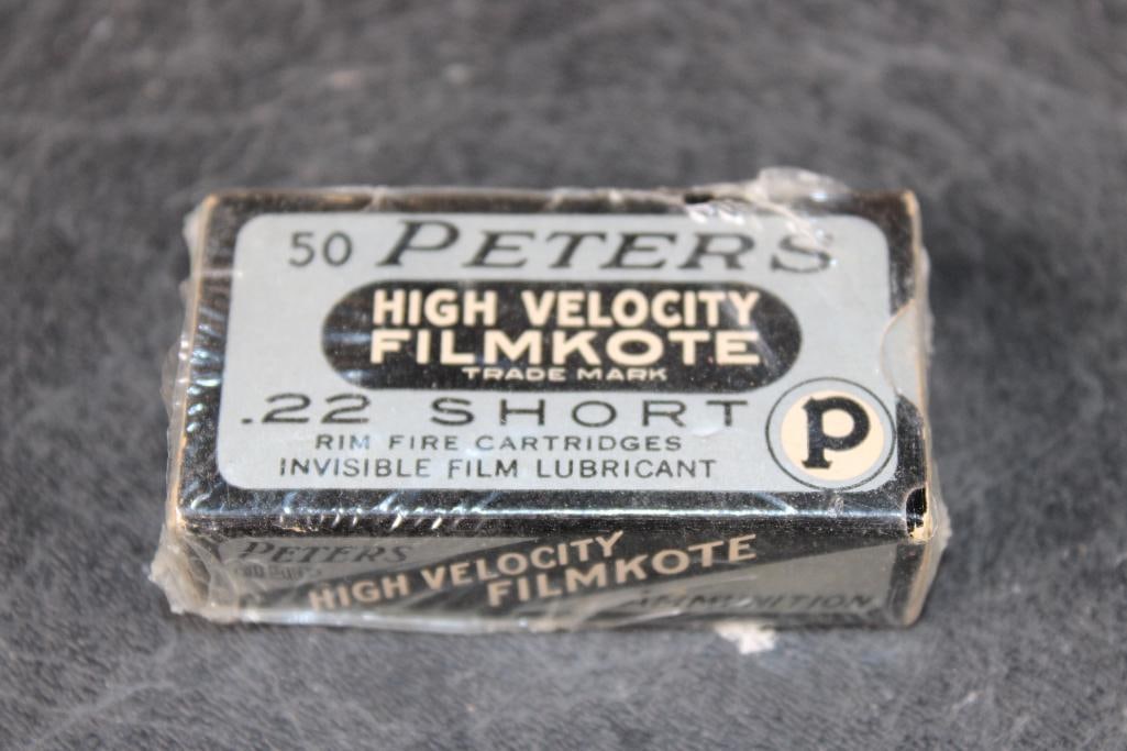 Original (1930's) Empty Box of Peters High Velocity Filmkote .22 Short RIMFIRE CARTRIDGES: Original (1930's) Empty Box of Peters High Velocity Filmkote .22 Short RIMFIRE CARTRIDGES. Invisible film lubricant, Du Pont, Remington Arms Co. Kings Mills, Ohio. COLLECTIBLE AMMUNITION 