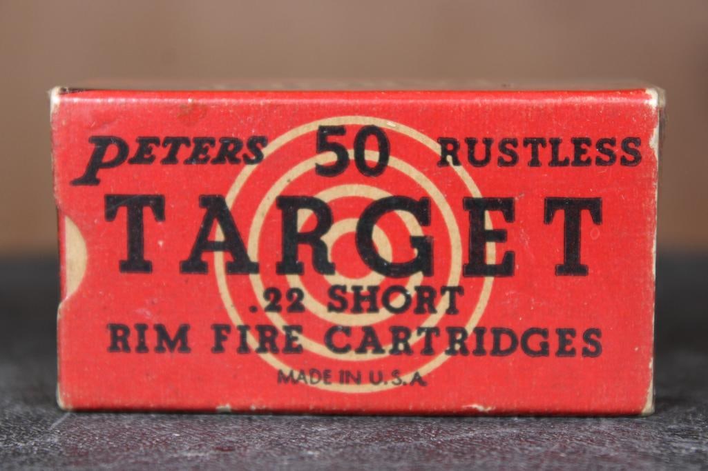 Original (1930's-40's) Full Box of Peters Rustless .22 Short RIMFIRE CARTRIDGES: Original (1930's-40's) Full Box of Peters Rustless .22 Short RIMFIRE CARTRIDGES. Target Ammo, No. 2214 in Very Good Condition. COLLECTIBLE AMMUNITION 