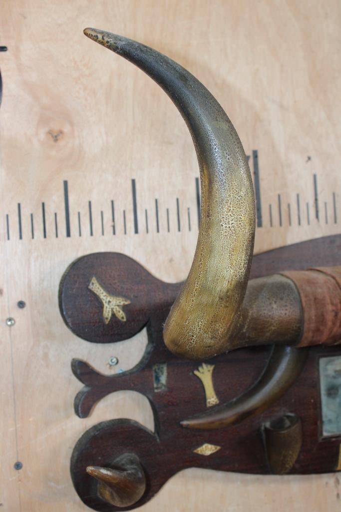 BULL or STEER Horns Mounted on a Decorative Wood Plaque from 1937 - 5