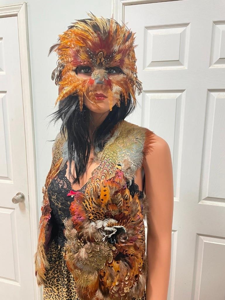 One-of-a-Kind PHEASANT Feather Mask with a Matching Pheasant Feather Vest - 2