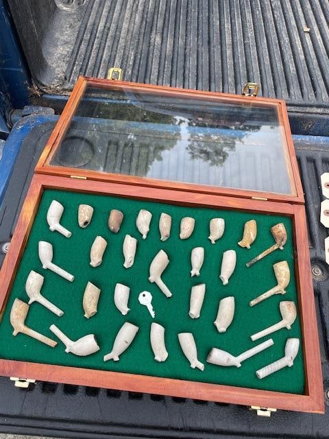 (29) Native American or American Indian CLAY PIPES in a Wood and Glass Display Case - 2
