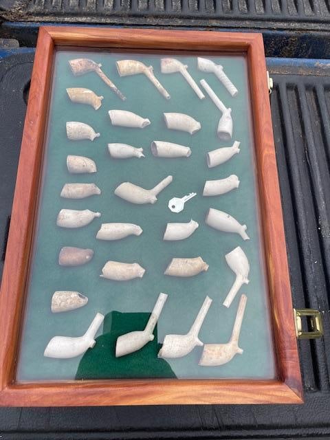 (29) Native American or American Indian CLAY PIPES in a Wood and Glass Display Case - 3