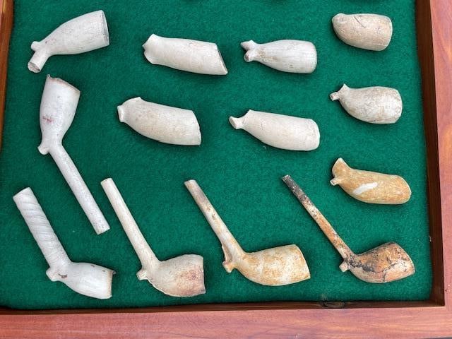 (29) Native American or American Indian CLAY PIPES in a Wood and Glass Display Case - 4