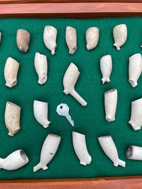 (29) Native American or American Indian CLAY PIPES in a Wood and Glass Display Case - 5