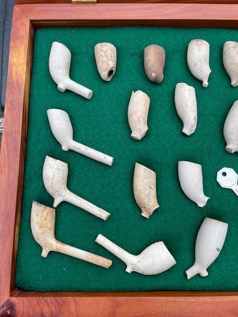 (29) Native American or American Indian CLAY PIPES in a Wood and Glass Display Case - 6