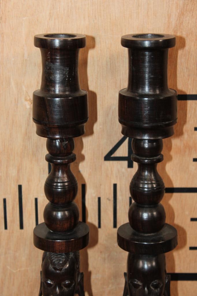 Vintage Pair of Hand-carved Ebony Wood Kenyan CANDLESTICKS Featuring a Man and a Woman - 2