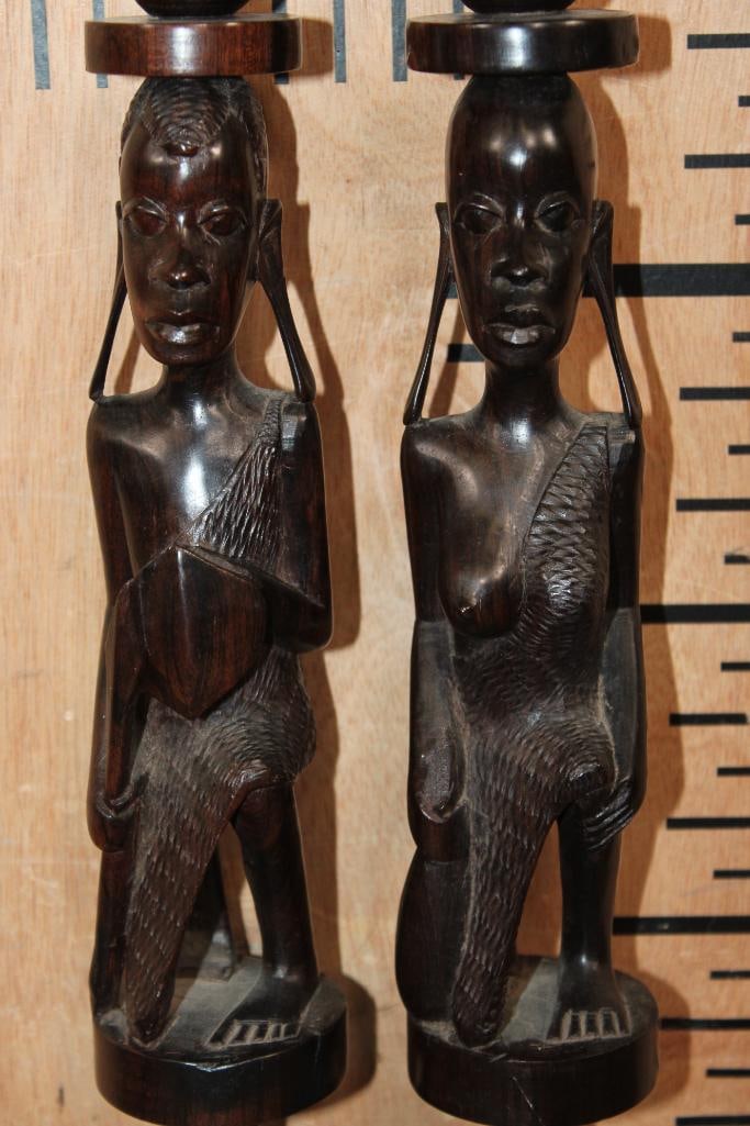 Vintage Pair of Hand-carved Ebony Wood Kenyan CANDLESTICKS Featuring a Man and a Woman - 3