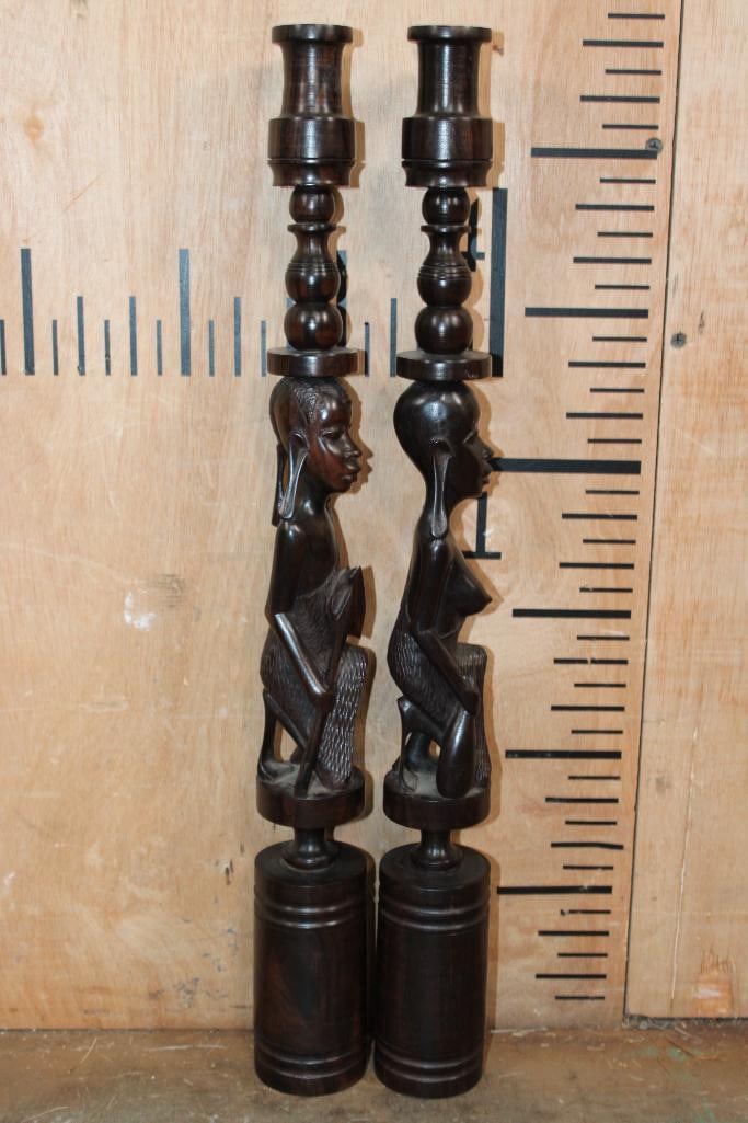 Vintage Pair of Hand-carved Ebony Wood Kenyan CANDLESTICKS Featuring a Man and a Woman - 5