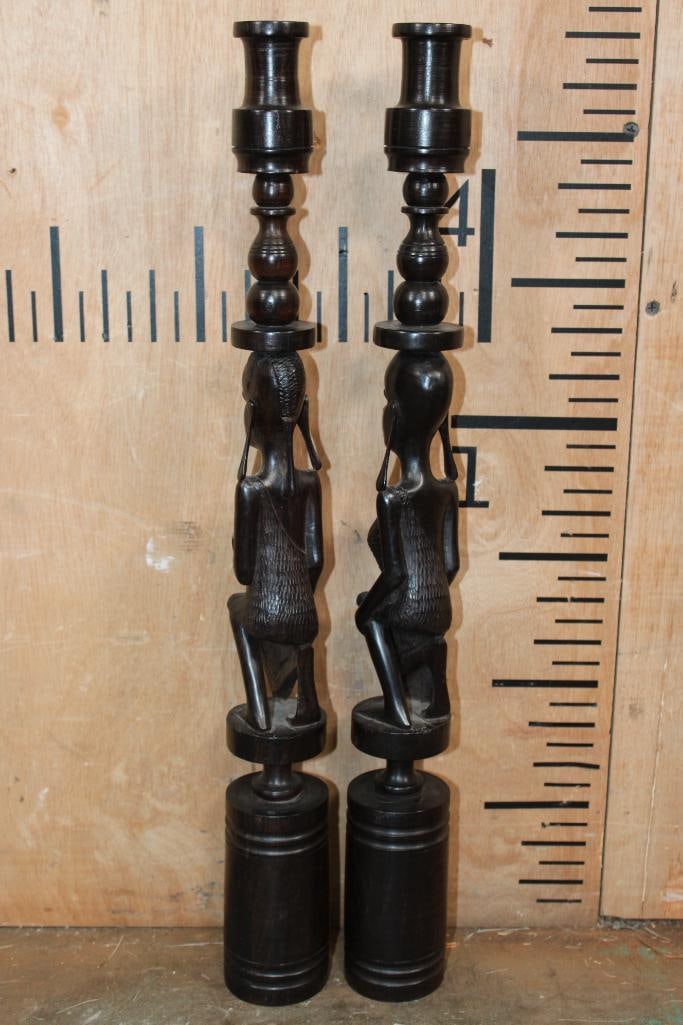Vintage Pair of Hand-carved Ebony Wood Kenyan CANDLESTICKS Featuring a Man and a Woman - 6