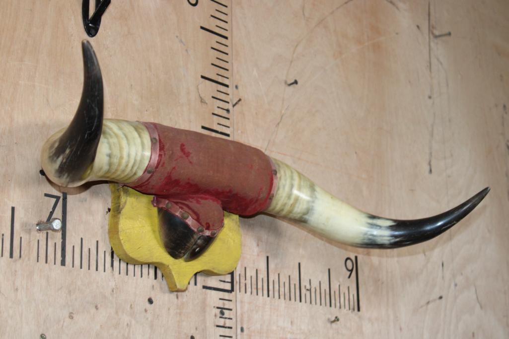 Vintage STEER Horns Mounted a Wood Plaque with a Hoof - 2