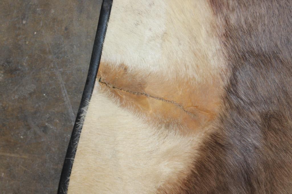 (1) BLESBOK Back Hide Rug and (1) WHITE BLESBOK Hide Rug with Carpet Backing and Leather Piping - 3