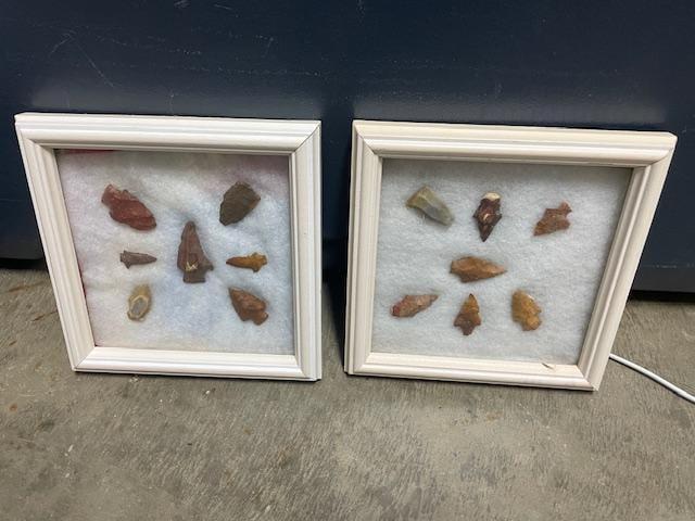 (14) Native American Bird Points or ARROWHEADS in (2) Wood and Glass Display Cases - 2