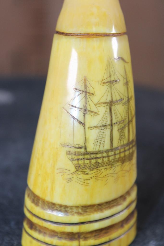 Antique "1783" Scrimshawed Rear SPERM WHALE TOOTH with a Whaling Ship and a "Treaty of Paris" Flag - 2