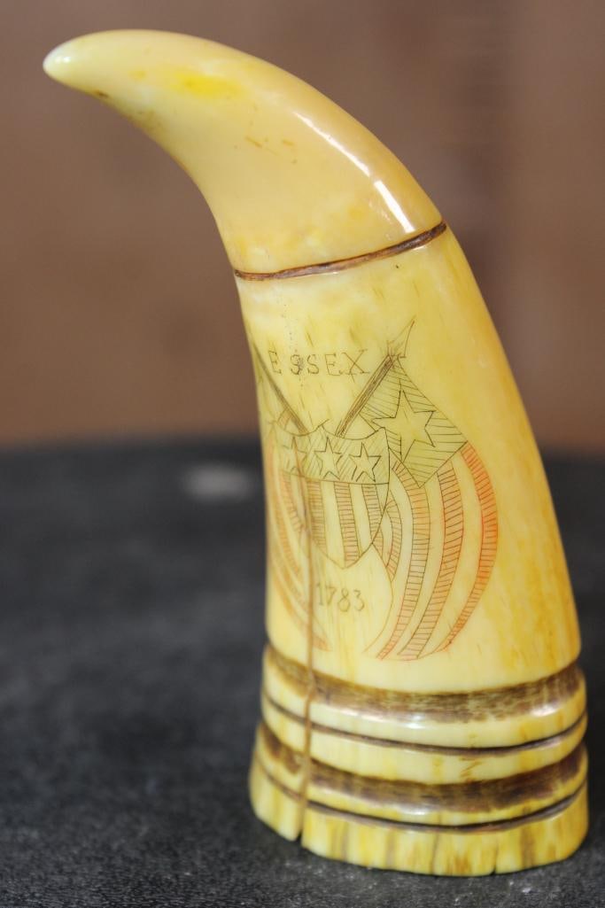 Antique "1783" Scrimshawed Rear SPERM WHALE TOOTH with a Whaling Ship and a "Treaty of Paris" Flag - 7