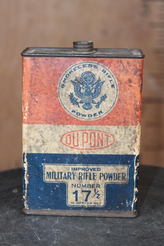 Antique DuPont "Improved Military Rifle" Gunpowder Tin from the early 20th Century: Antique DuPont "Improved Military Rifle" Gunpowder Tin from the early 20th Century. It measures 6" Tall x 4" Wide. The red, white, and blue tin prominently features DuPont smokeless rifle powder logo 