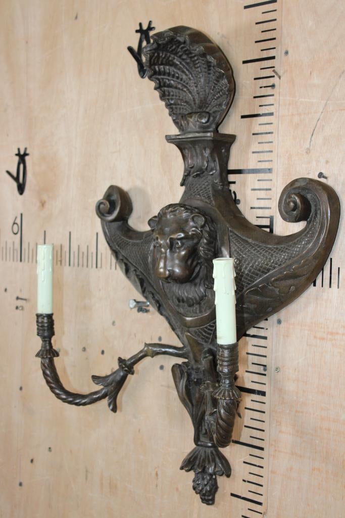 Large Bronze LION Wall Sconce Sculpture with 2 Candelabras - 2
