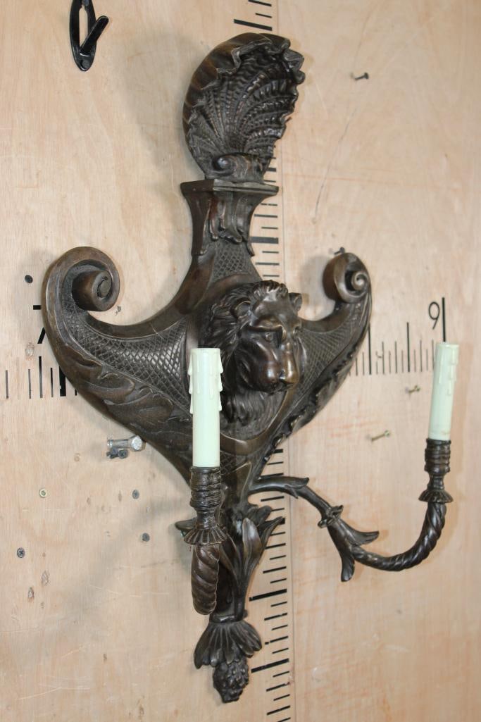 Large Bronze LION Wall Sconce Sculpture with 2 Candelabras - 3