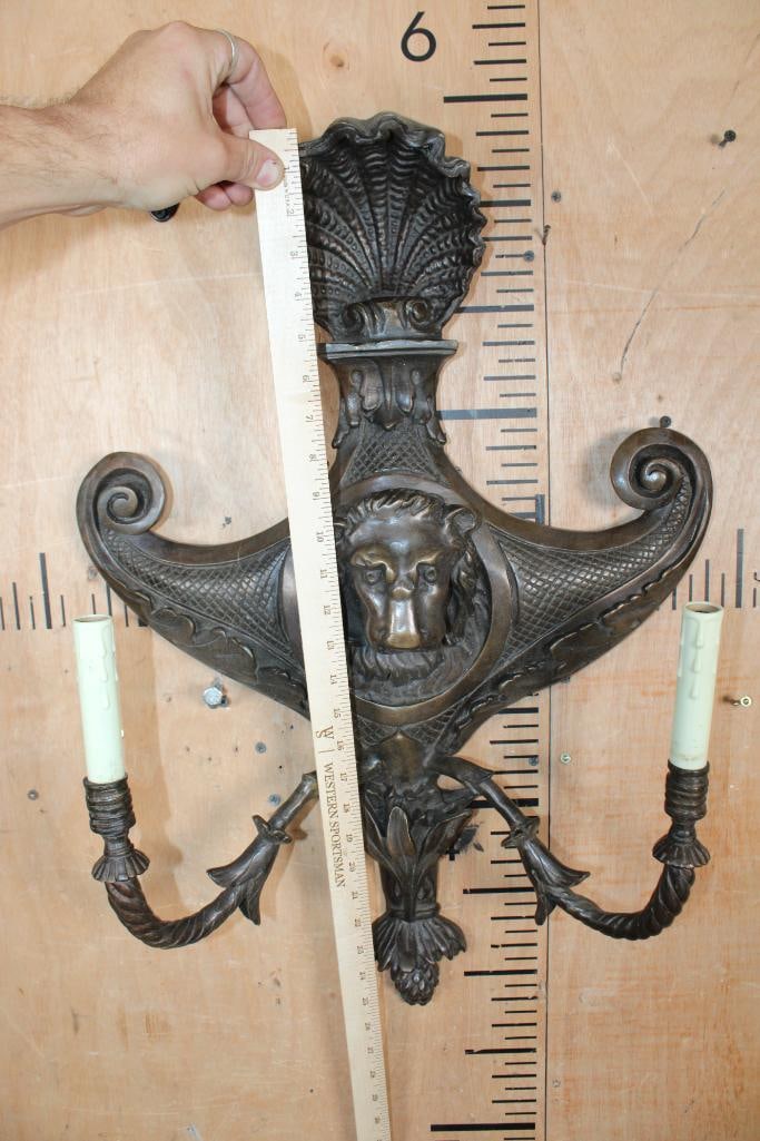 Large Bronze LION Wall Sconce Sculpture with 2 Candelabras - 4