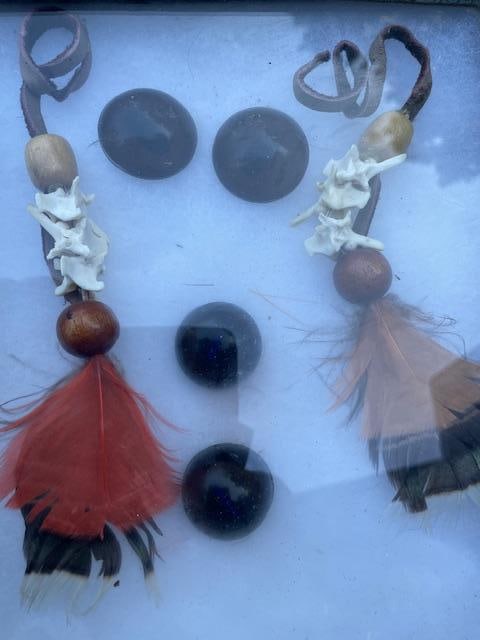 2 COUGAR Claws with Silver Caps, 3 Sets of Glass Eyes, 2 Native American Feathers and Vertebra Art - 3