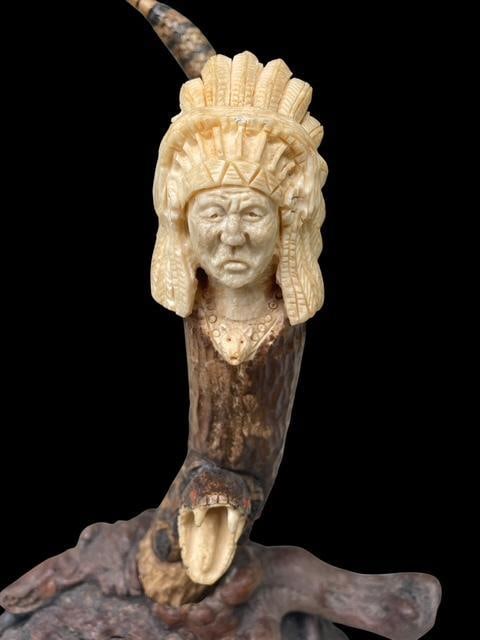 Hand-carved Wood Indian Chief and Rattlesnake SCULPTURE - 2