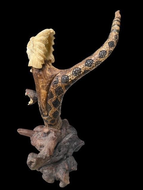 Hand-carved Wood Indian Chief and Rattlesnake SCULPTURE - 3