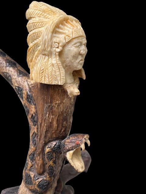 Hand-carved Wood Indian Chief and Rattlesnake SCULPTURE - 4
