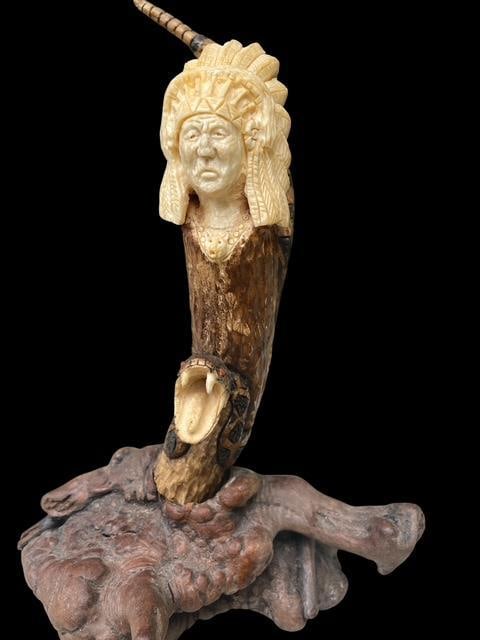 Hand-carved Wood Indian Chief and Rattlesnake SCULPTURE - 5