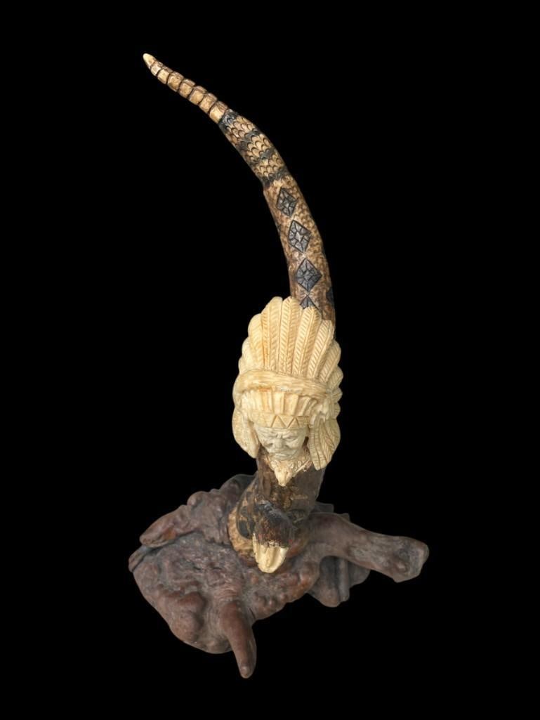 Hand-carved Wood Indian Chief and Rattlesnake SCULPTURE - 6