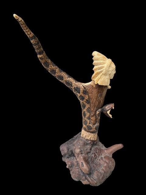 Hand-carved Wood Indian Chief and Rattlesnake SCULPTURE - 8